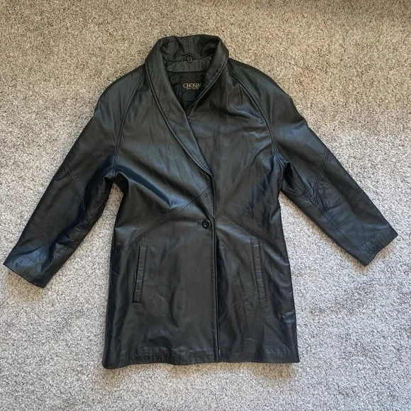 Faux Leather Blazer Jacket Women's XS Black Shoulder Pads Buttons - Picture 1 of 12